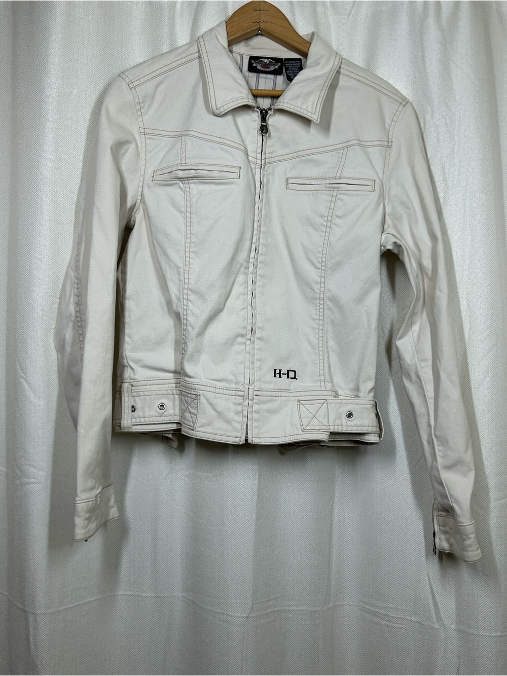 Harley Davidson Cream Denim Jacket Embroidered Y2K Vintage Size Medium Zip